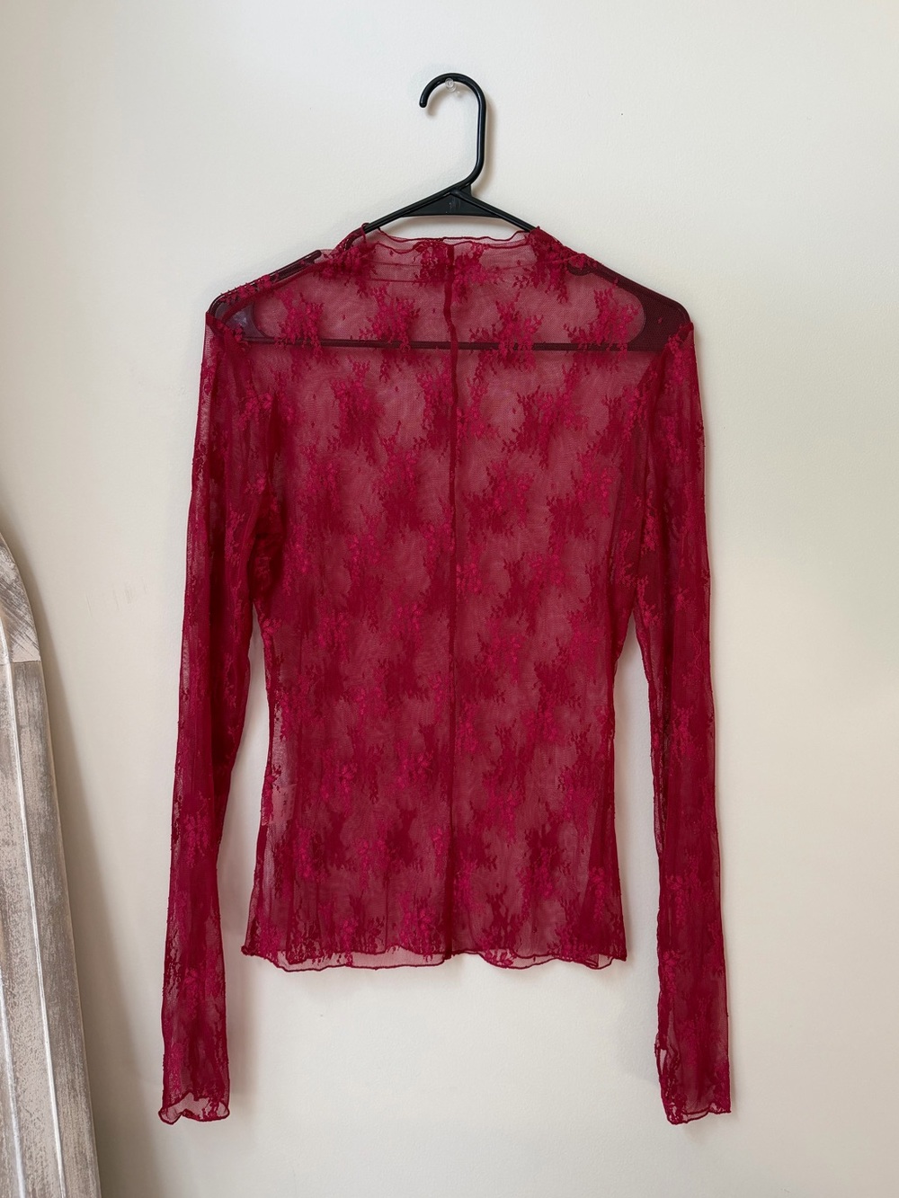 Sheer Lace Long-Sleeve Top - Burgundy